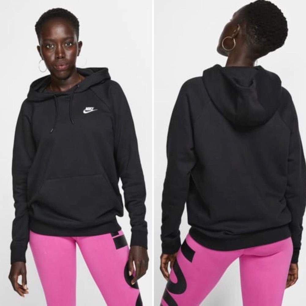 Nike Essential Pullover Fleece Hoodie Womens Black Pocket Hood S Logo